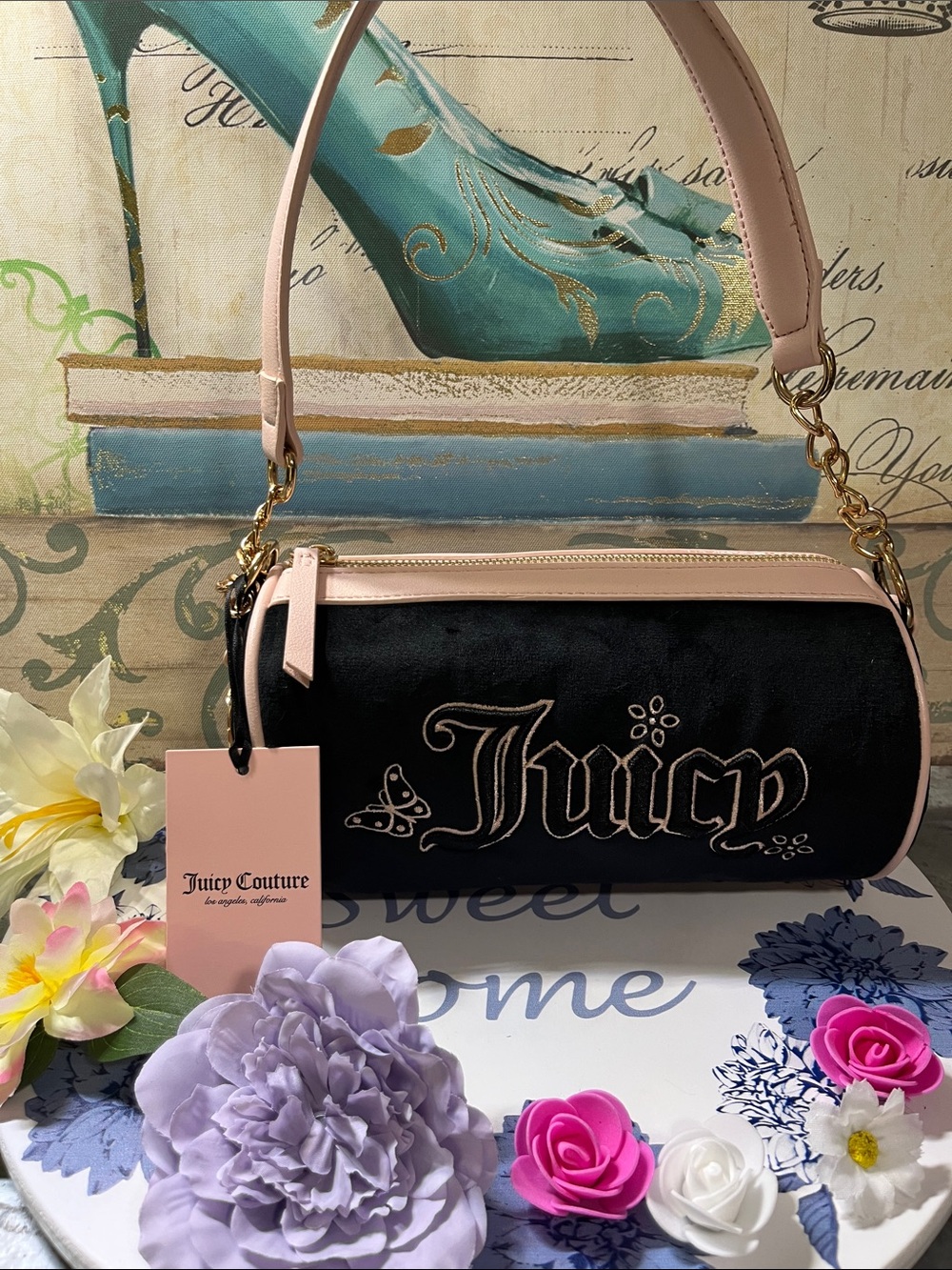 Juicy Couture Black Suedeand Pale Pink Barrel Shoulder Bag with Embroidered Logo
